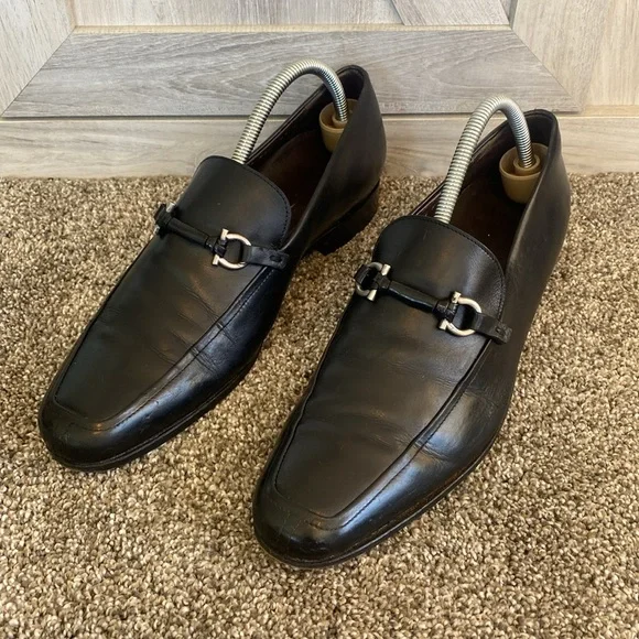 Salvatore Ferragamo Black Dress Shoes Loafers Silver Bit